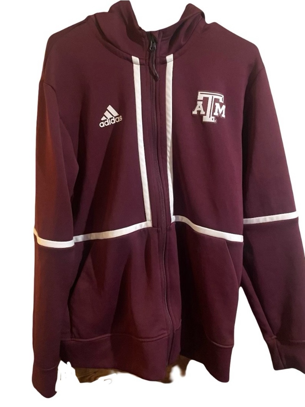 Size L- Adidas Maroon Full-Zip Varsity Jacket with White Trim